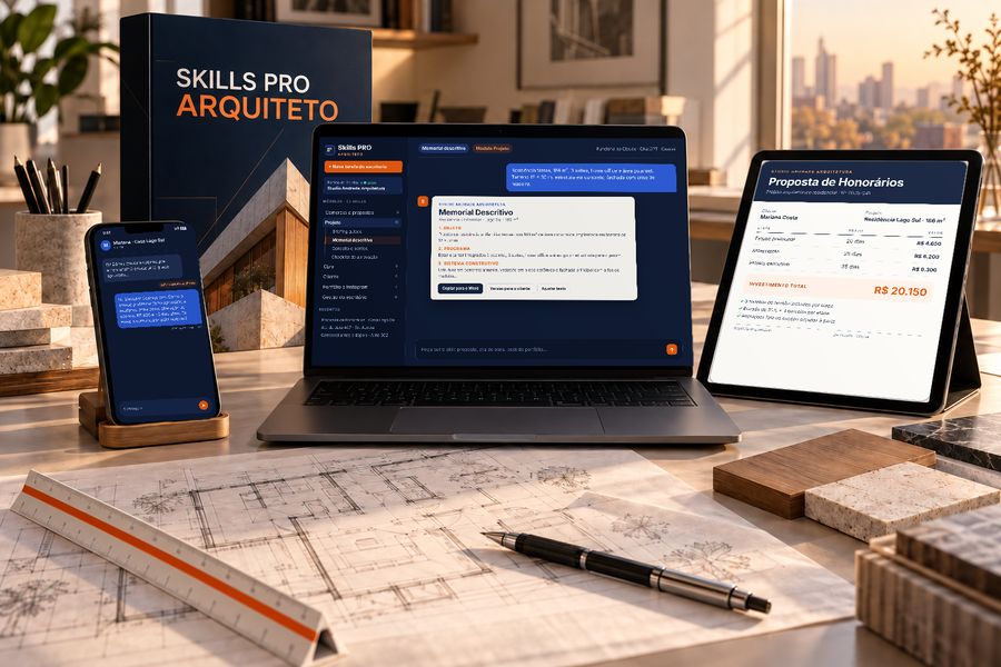 Skills PRO Arquiteto no notebook, tablet e celular: memorial descritivo, proposta de honorários e resposta ao cliente